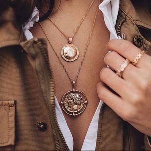 New 18K Gold Coin Pendant Double Chain Necklace